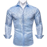 Luxury Blue Shirts Men's Solid Satin Embroidered Paisley Flower Long Sleeve Slim Fit Blouses Casual Lapel Tops Barry Wang MartLion   