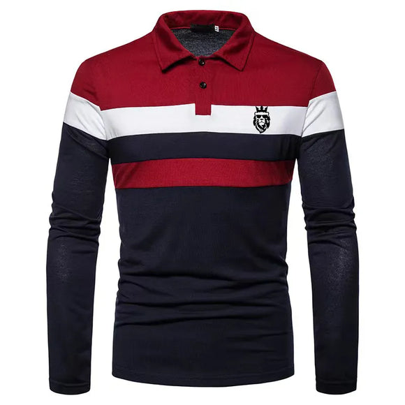 Men's Long Sleeved Polo Shirt Printed Lion Three Color Block Tops Golf Shirt Casual Lapel Top Clothes MartLion NavyBlue Red S 