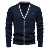 Men's Cotton Cardigan Sweater V Neck Button-up Casual MartLion SW199-Navy EUR XXL 100-110kg 