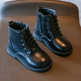 Kids Casual Boots PU Leather Black Zipper for Boys Girls Cross-tied Children Ankle High Boots Anti-skid Round Toes Soft MartLion