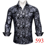 Luxury Designer Silk Men's Shirts Long Sleeve Blue Green Teal Embroidered Flower Slim Fit Blouse Casual  Tops Barry Wang MartLion   