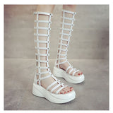 Women's Summer Boots Cutout High Top Sandals Breathable Striped Roman Shoes Platform Designer Mart Lion White 34 