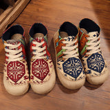 High Top Cotton Embroidered Women Casual Linen Flat Shoes Handmade Lace Up Thick Hemp Soled Canvas Sneakers MartLion   