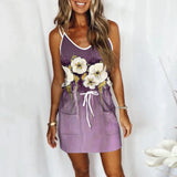 Women's Summer Dress Casual Print Above Knee Dresses V-Neck Sleeveless Frocks For Girls MartLion Purple XXXL CHINA