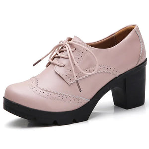 Women Pumps Shoes T High Heels Brogue High Square Heel Genuine Leather Wedge Richelieu MartLion 768-Pink 39 