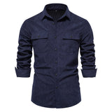 Autumn Cotton Shirt Men's Casual Shirt Lapel Solid Pocket Men's Shirt Autumn MartLion Navy EUR XXL 100-105kg 