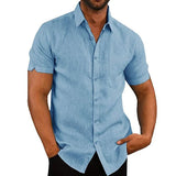 Summer Cotton Linen Casual Shirts Men Short Sleeve Solid Color MartLion   