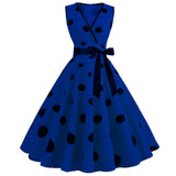 Polka Dot Summer Ladies Dress Vintage Retro With Sleeveless V-Neck  Robe Casual MartLion Blue L 
