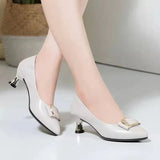 Women Casual Sweet Beige Patent Leather Spring Slip on High Heel Shoes Lady Office Black MartLion   