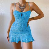 Women's Casual Home Small Floral Camisole Dress Summer Skirt MartLion Blue L 