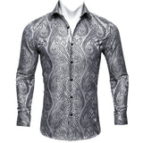 Barry Wang Luxury Black Paisley Silk Shirts Men's Long Sleeve Casual Flower Silver Shirts Designer Fit Dress MartLion CY-0046 S 