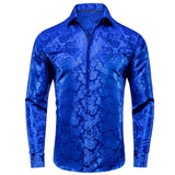 Hi-Tie Navy Royal Sky Blue Silk Men's Shirts Lapel Collar Long Sleeve Dress Shirt Jacquard Blouse Wedding MartLion PCY-1618 S 