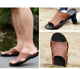 Men's Slippers Summer Genuine Leather Casual Slides Street Beach Shoes Black Cow Leather Sandals Mart Lion   