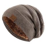 Unisex Slouchy Winter Hats Add Fur Lined Men's And Women Warm Beanie Cap Casual Label Decor Winter Knitted Hats MartLion Khaki 56cm-60cm 