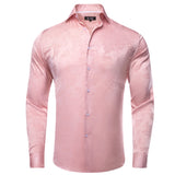 Coral Pink Paisley Men's Silk Shirt Spring Autumn Long Sleeve Wedding Turndown-Collar Dress Suit Shirt Formal Gift Hi-Tie MartLion CY-1684 S 