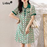 Elegant Print Polo Collar Dresses  Women Summer Casual Short Sleeve Loose Chic Midi Dress MartLion   