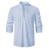 Men's Casual Blouse Cotton Linen Shirt Tops Long Sleeve Tee Shirt V-neck shirt Vintage Thin Mart Lion BLUE S China|No