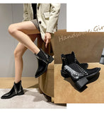 Women Shoes Leather Short Boots Pointed Chunky Heel Rivet Ankle Platform Heel MartLion   