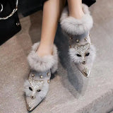 Women Rabbit Fur Snow Boots Autumn Winter Ladies Metal Pointed Toe Shoes Plush  Ankle Med Heels MartLion   