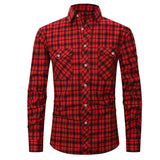 Mens Clothing Blouse Striped Men Red Green Blue Dress Shirt Tops Casual Business Plaid Print Long Sleeves Pocket design Shirt MartLion M-501 L 