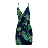  Bohemian Spaghetti Strap Dress Tropical Print V-Neck Wrap Casual Bodycon Women Sleeveless Summer Holiday Mini MartLion - Mart Lion