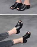 Women Soft Leather Outer Slippers Thick-heeled Fish Mouth Versatile Mid-heeled Sandals Handmade Shoes Mart Lion   