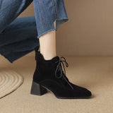 Winter Sheep Suede Women Shoes Square Toe Retro Lace Up Short Boots Chunky Heel High Heel MartLion   