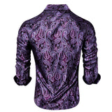 Dark Purple Men's Shirt Silk Long Sleeve Lapel Slim Fit Paisley Jacquard Shirt With Brooch Party Gift Hi-Tie MartLion   