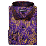 Designer Men's Shirts Silk Long Sleeve Purple Gold Paisley Embroidered Slim Fit Blouses Casual Tops Barry Wang MartLion   