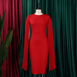 Temperament Casual Slim Fit Office Dress  Sleeved Solid Color Mid Dress Women Clothing MartLion   