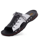 Leather Summer Men's Flip Flops Beach Sandals Non-slip Male Slippers Zapatos Hombre Casual Shoes Mart Lion Black White 6.5 China