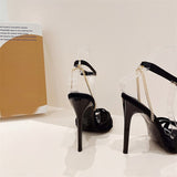 Liyke Black Heels For Women Metal Chain Sandals Narrow Band Open Toe Buckle Strap Ladies Party Stripper Shoes Mart Lion   