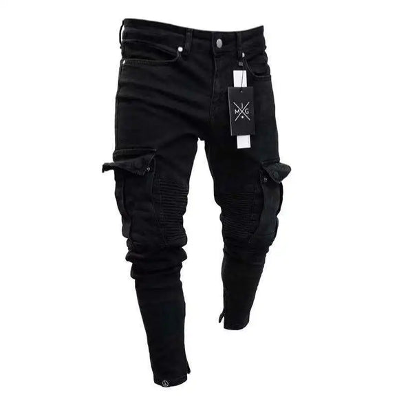 Stretch Jeans Black Big Side Pockets Cargo Jeans  Zipper Small Foot Denim Pants MartLion   