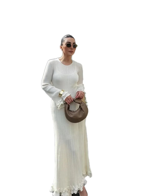 Ladies Elegant Flared Sleeve Knitted Dress Women Crew Neck White Slim Robes Summer Female Party Dresses MartLion   