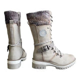 Women Winter Buckle Lace Knitted Mid-calf Boots Low Heel Round Toe Boots Top Winter Warm Boots Women Botas MartLion