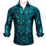 Luxury Shirts Men's Long Sleeve Silk Green Flower Slim Fit Tops Casual Button Down Collar Bloues Breathable Barry Wang MartLion 0595 S 
