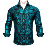 Luxury Shirts Men's Long Sleeve Silk Green Flower Slim Fit Tops Casual Button Down Collar Bloues Breathable Barry Wang MartLion