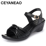 Genuine Leather Mother Sandals Summer Large Black Women Shoes Buckle Summer MartLion   