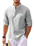 Cotton Linen Men's Long-Sleeved Shirts Spring Autumn Solid Color Stand-Up Collar Casual Beach Style MartLion   