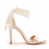 Fish Mouth High Heel Strap Sandals Beautiful Ribbon Silk Fabric High Heel Women's Shoes Banquet Wedding Dress MartLion   