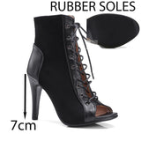 Latin Dance Shoes Ballroom Jazz for Women's Lace-up Fish Mouth Sandals High-heeled Indoor Pole Dance Salsa Dance Boots MartLion Black 7cm rubber 34 