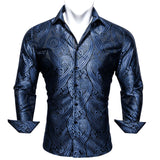 Luxury Shrits Men's Sky Roal Blue Navy Embroidered Paisley Long Sleeve Casual Slim Fit Blouses Lapel Barry Wang MartLion 0402 S 