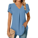 Summer Solid Color V-neck Short Sleeve Pullover Shirt Ladies Loose Casual Simple All-match Blouse Top Women's Clothing MartLion   