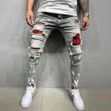 Men Jeans Knee Hole Ripped Stretch Skinny Denim Pants Solid Color Black Blue Summer MartLion J007X Grey L CHINA