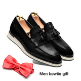 Slip-on Sneakers Men's Loafer Real Cow Leather Tassel Flat Casual Driving Shoes Outdoor Breathable MartLion Black EUR 43 