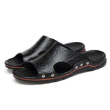 Summer Men's Sandals Genuine Leather Slippers Roman Flats Slippers Roman Style Beach Outdoor Flip Flops Mart Lion Black 6.5 