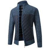Autumn Winter Warm Sweater Men's Stand Collar Stripe Plaid Zipper with Velvet Coat Casual Cardigan Sweater Knit Bomber Jacket MartLion Navy Blue M 