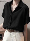 Summer Oversized Shirts Women Shirt Loose Solid Tops Short Sleeved Blouse Casual Solid Buttons Down MartLion black XXXL 