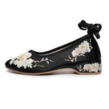 Satin Fabric Embroidered Women Ankle Strap Ballet Flats Vegan Elegant Ladies Walking Shoes Black White Gray MartLion   