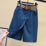 Skirt Pants for Women's Shorts Summer Wide Leg Blue  Waist Pockets Woman Short MartLion Blue Free Belt XL weight 62-70kg 